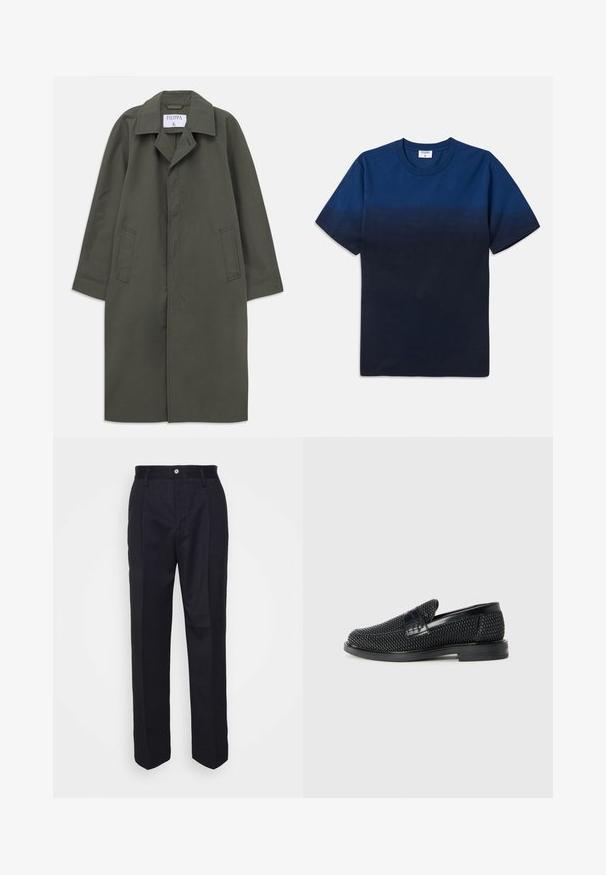 Długi, ciemnooliwkowy płaszcz jednorzędowy z bocznymi kieszeniami, klapami w kołnierzu oraz ukrytymi guzikami z przodu, metka "Filippa K" wewnątrz kołnierza.; Granatowa bawełniana koszulka z okrągłym dekoltem, krótkimi rękawami i subtelny gradient przechodzący od jaśniejszych do ciemniejszych odcieni.; Czarne spódnie o prostym kroju, uszyte z gładkiej tkaniny, z zapięciem na guzik z przodu oraz dwoma bocznymi kieszeniami.; Czarny, pleciony but wsuwany z gładkim skórzanym akcentem na cholewce, o okrągłym nosku i niskoprofilowej gumowej podeszwie.