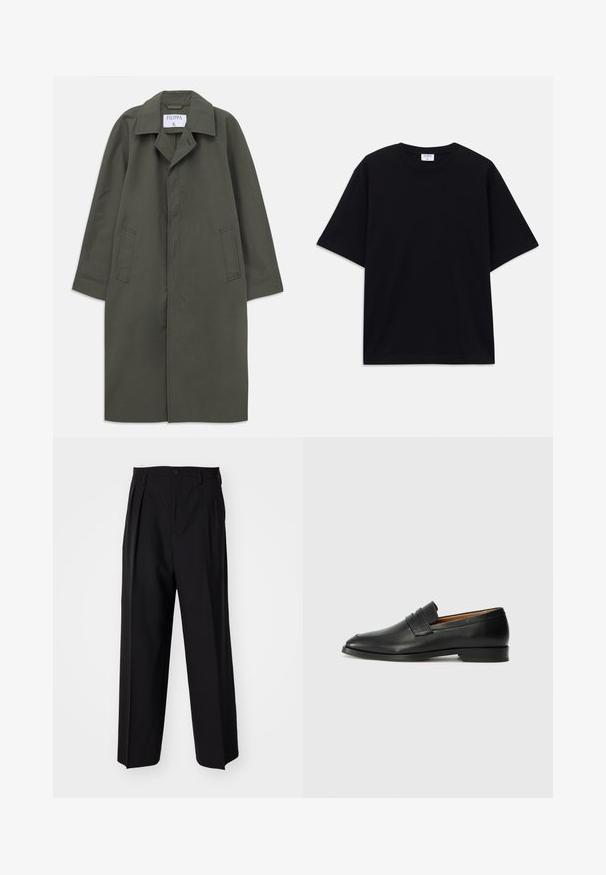 Hosszú, sötét olívazöld, egyeletes záródású kabát oldalsó zsebekkel, bemetszett gallérral és eltakarított elülső gombokkal, a gallérban a "Filippa K" címke található.; Fekete, rövid ujjú, oversize póló kerek nyakkivágással és látható Filippa K márkacédulával a gallér belső részén.; Fekete, pliszírozott nadrág, egyenes, széles lábakkal. Sima anyagból készült, gombos záródással és övhurkokkal rendelkezik.; Fekete bőr mokaszin, kerek orral, diszkrét varrásokkal és alacsony sarokkal, sima felülettel és minimalista dizájnnal.