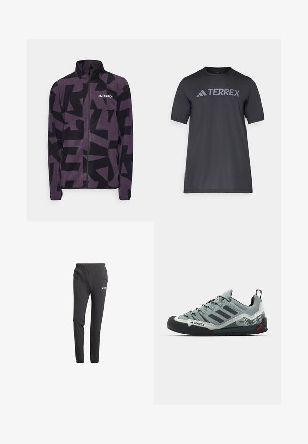 adidas Terrex MT AOP - Jakna iz flisa - aurora black; Črna majica s kratkimi rokavi iz lahkega materiala, ki ima odtisnjen svetlo sivi logotip "TERREX" čez prsi in okrogel izrez.; Črne atletske hlače iz lahkega materiala, z elastičnim pasom, stranskimi žepi, zožanimi nogami in detajlom z logotipom.; Sive plezalne copate z teksturiranim zgornjim delom, črnimi gumi prikritki na prstih, tremi temnimi črtami in majhnim rdečim poudarkom na podplatu.