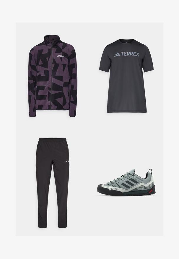 adidas Terrex MT AOP - Fleece jacket - aurora black; Black short-sleeve t-shirt made of lightweight fabric, featuring a light gray “TERREX” logo across the chest and a crew neckline.; Black athletic pants with an elastic waistband, two side zip pockets, and a logo on the upper right leg. Smooth, lightweight fabric.; Gray climbing shoes featuring a textured upper, black rubber toe cap, three dark stripes, and a small red accent on the sole.