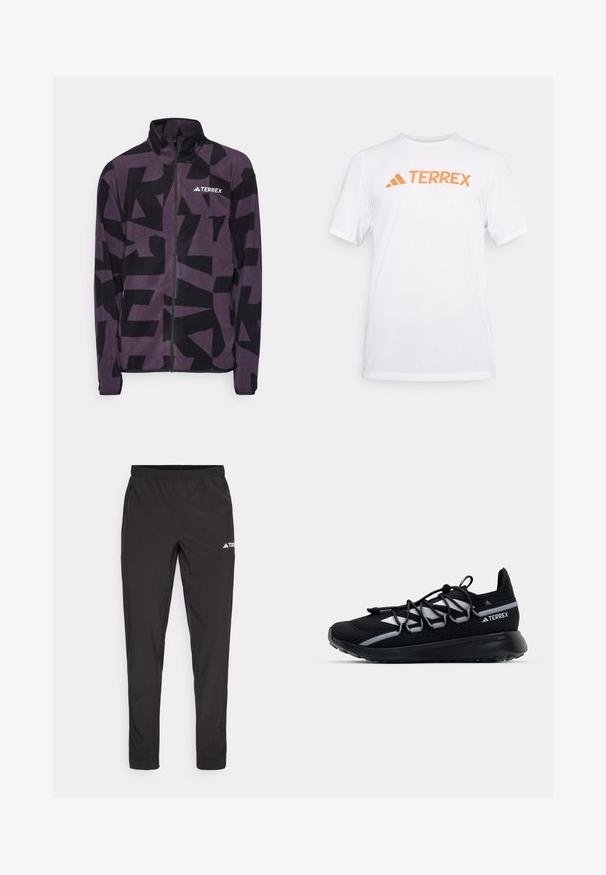 adidas Terrex MT AOP - Giacca in pile - aurora black; Maglietta atletica a maniche corte di colore bianco, realizzata in materiale traspirante, con un logo arancione "TERREX" sul petto. Design semplice con linee pulite.; Pantaloni sportivi neri con vita elasticizzata, due tasche laterali con zip e un logo sulla parte superiore della gamba destra. Tessuto liscio e leggero.; Scarpa da ginnastica nera con tomaia in rete, dettagli riflettenti, lacci elastici e suola in gomma testurizzata. Presenta un design elegante per le prestazioni.