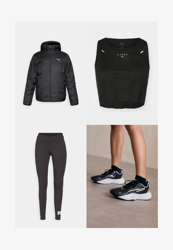 Juodas pūkuotas džemperis su gobtuvu, su priekiniais užtrauktukais ir baltu Puma logotipu kairėje krūtinės pusėje. Lygus, blizgus paviršius ir ilgomis rankovėmis.; Juodas trumpas tank top'as, pagamintas iš tekstūruoto audinio, su apvalia iškirpte, baltu logotipu ir dviem mažais atšvaitiniais elementais ant pečių.; Juodi legginsai, pagaminti iš tamprios medžiagos, su aukštu juosmeniu ir baltu logotipu, atspausdintu ant kairės kojos apatinės dalies. Lygus paviršius.; Juodi sportiniai batai su baltais akcentais, tinklinė viršutinė dalis, raišteliai ir paminkštintas kulnas. Ypatybės: tekstūruotas padas sukibimui.