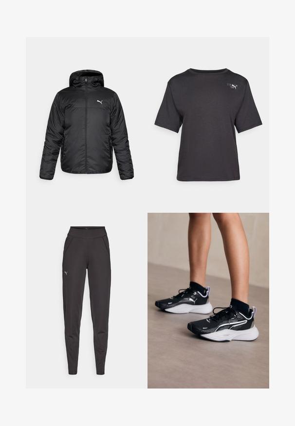 Black padded jacket with a hood, featuring a front zipper and a white Puma logo on the left chest. Smooth, glossy texture, and long sleeves.; Black short-sleeve t-shirt made of soft fabric, featuring a rounded neckline and a small logo detail on the upper left side.; Black athletic leggings made of stretchy fabric, featuring a high waistband, side pockets, and a small reflective logo on the left thigh.; Black athletic shoes with white accents, mesh upper, laces, and cushioned heel. Features a textured sole for traction.