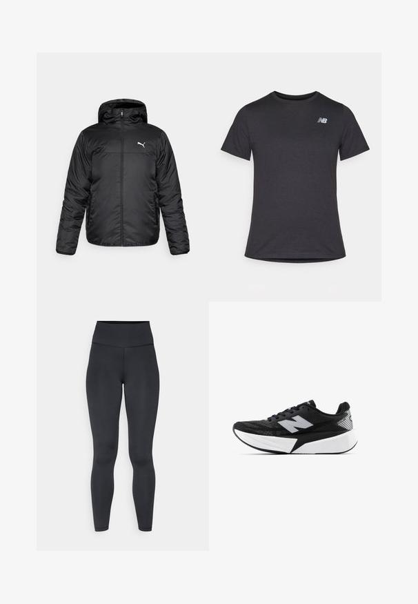 Casaco acolchoado preto com capuz, apresentando um fecho à frente e um logo branco da Puma no lado esquerdo do peito. Textura suave e brilhante, com mangas compridas.; T-shirt preta de manga curta feita de tecido suave, com um pequeno logótipo cinza da New Balance no canto superior esquerdo do peito, design clássico de decote redondo.; Leggings pretos de cintura alta feitos de material elástico, com uma textura suave e um design justo, apresentando detalhes de costura mínimos.; Sapatilha de corrida New Balance em preto e branco, com sola espessa, parte superior de malha e logótipo "N" de lado, vista do lado externo.