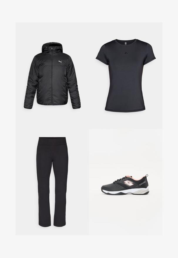 Svart vadderad jacka med huva, med en framtida dragkedja och en vit Puma-logotyp på vänster bröst. Slät, glansig textur och långa ärmar.; Svart t-shirt med kort ärm gjord av mjukt, ventilerande tyg med en minimalistisk logotypdesign på framsidan. Klassisk rund halsringning.; Svarta leggings med ett mjukt, stretchigt tyg och en bred midjeresår. De har raka, hel längd ben och inga synliga mönster eller detaljer.; Svart atletisk sko med nätöverkonstruktion, vita och ljusrosa accenter, snörningsdesign och texturerad sula för grepp. Lätt och flexibel.