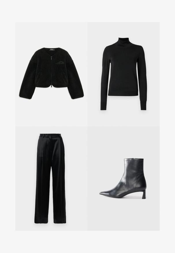 Black zip-up jacket made of textured sherpa fabric, featuring a round neck, long sleeves, and a small pocket on the left chest.; Black long-sleeve turtleneck sweater with ribbed cuffs and hem, displayed on a plain white background.; Black high-waist satin trousers with straight wide legs, belt loops, and a flat front closure against a plain white background.; Black leather ankle boot with a pointed toe and a sleek design. Features a low heel and a zipper closure at the back. Smooth texture.