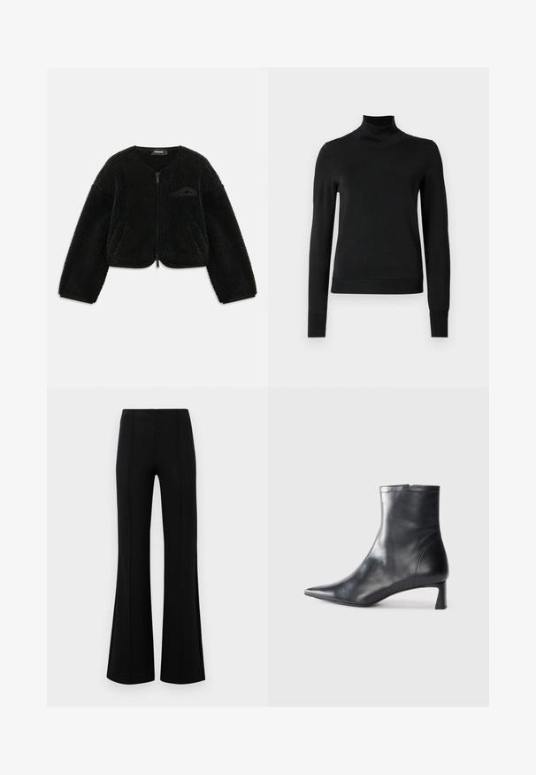 Črna jakna z zadrgo, izdelana iz teksturiranega sherpa materiala, z okroglim ovratnikom, dolgimi rokavi in majhnim žepom na levem prsnem delu.; Črni pulover s dolgimi rokavi in vratnikom, z rebrastimi манжетами in robom, prikazan na enobarvni beli podlagi.; Črne krilate hlače z visokim pasom, izdelane iz raztegljive tkanine. Imajo vertikalne šive na sprednji strani in gladko teksturo.; Črne usnjene gležnjarje s šiljastim nosom in elegantnim dizajnom. Imajo nizko peto in zadrgo na zadnji strani. Gladka tekstura.