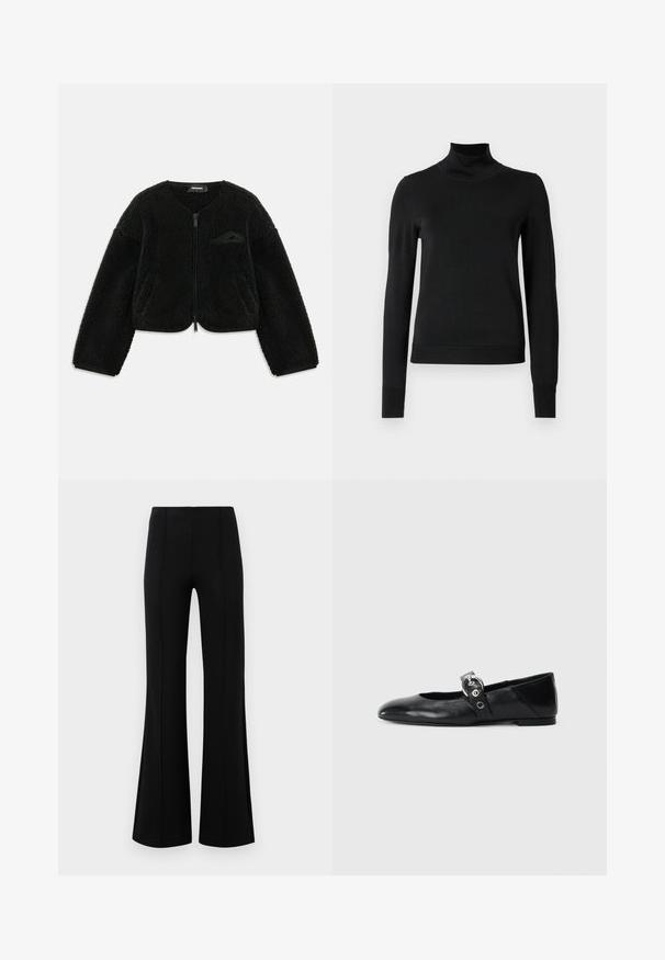 Schwarze Zip-Up-Jacke aus strukturiertem Sherpa-Stoff, mit Rundhalsausschnitt, langen Ärmeln und einer kleinen Tasche auf der linken Brust.; Schwarzer Langarmrollkragenpullover mit gerippten Bündchen und Saum, auf einem schlichten weißen Hintergrund präsentiert.; Schwarze Schlaghose mit hoher Taille, aus dehnbarem Material. Mit vertikalen Nahtdetails auf der Vorderseite und einer glatten Textur.; Schwarze Ballettflat mit spitzer Spitze, ausgestattet mit einem Riemen und einer runden, metallischen Schnalle sowie einer flachen Sohle.