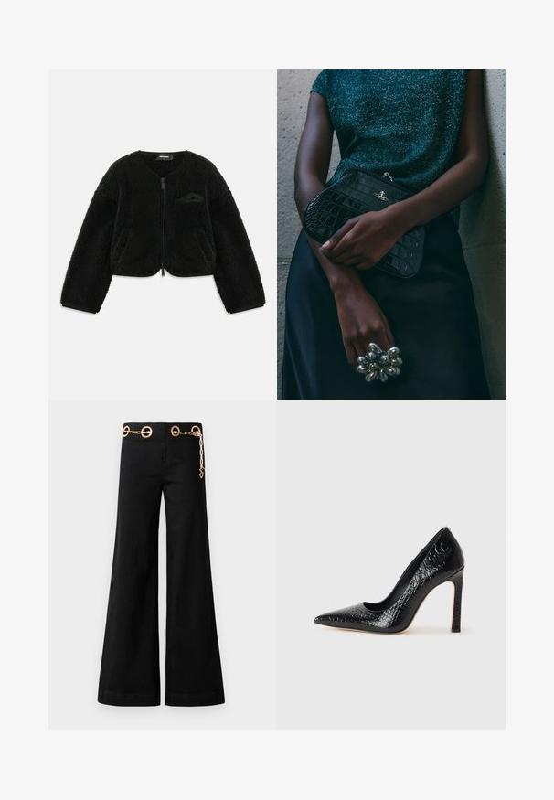 Chaqueta negra con cremallera hecha de tejido sherpa texturizado, con cuello redondo, mangas largas y un pequeño bolsillo en el lado izquierdo del pecho.; Monosieeta de manga larga, cuello alto y diseño off-shoulder en un color burdeos sólido. Fabricada con un tejido suave y elástico.; Pantalones de pierna ancha negros, hechos de algodón, con accesorios circulares dorados y un detalle de cadena en la cintura. Textura suave, corte limpio.; Zapato de tacón alto negro con punta afilada y textura de piel de cocodrilo, que presenta un diseño elegante, un alto tacón de aguja y un interior negro suave.; Bolso de mano negro con estampado de cocodrilo y herrajes plateados, sostenido frente a un fondo gris texturizado. Presenta una superficie brillante.