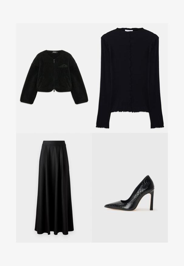 Black zip-up jacket made of textured sherpa fabric, featuring a round neck, long sleeves, and a small pocket on the left chest.; Black long-sleeve top made of soft fabric. Features a scalloped neckline and hem, with a simple, fitted design. No additional embellishments.; Black, floor-length skirt with a smooth texture, wide waistband, and pleated design, featuring no visible patterns or embellishments.; Black pointed-toe high heel shoe with a crocodile-skin texture, featuring a sleek design, high stiletto heel, and smooth black interior.