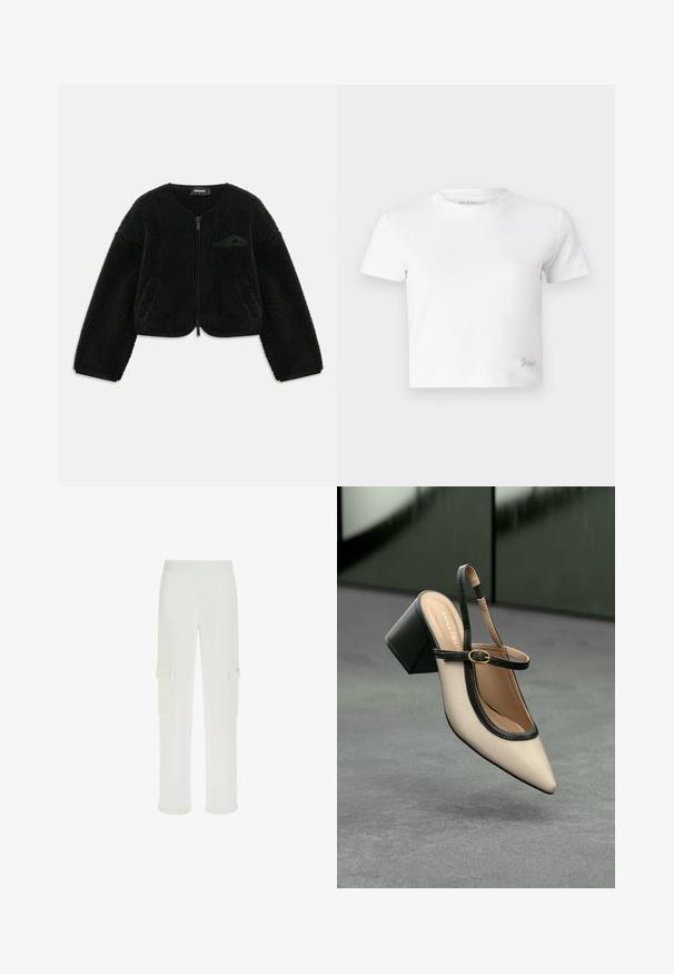 Sort zip-jakke lavet af tekstureret sherpa-stof, med rund hals, lange ærmer og en lille lomme på venstre bryst.; Hvid kortærmet t-shirt lavet af glat bomuld med høj hals og korte ærmer. Lille broderet logo i bunden af hjørnet.; Hvide cargo-bukser lavet af glat stof, med to foran klaplommer og en elastisk talje for komfort. Lige ben design.; Beige spids tå slingback sko med sort kant, guld spænde og en chunky blokhæl på grå gulv med mørkegrøn baggrund.