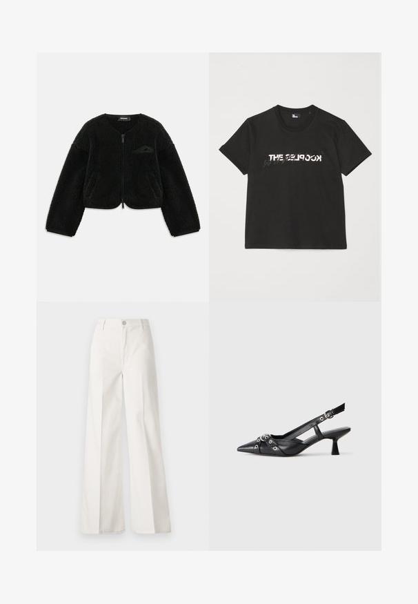 Sort zip-jakke lavet af tekstureret sherpa-stof, med rund hals, lange ærmer og en lille lomme på venstre bryst.; Sort bomulds t-shirt med korte ærmer, der har et trykt hvidt og gråt "THE 2LOOK" design over forsiden. Klassisk crew neck.; Hvide vidde bukser lavet af bomuld med en glat tekstur. Har en frontknap, lynlås, og fire-lomme design.; Sort lædersandal med spids tå, dekorative stropper med metaløjer og en lav blokhæl. Struktureret overflade.