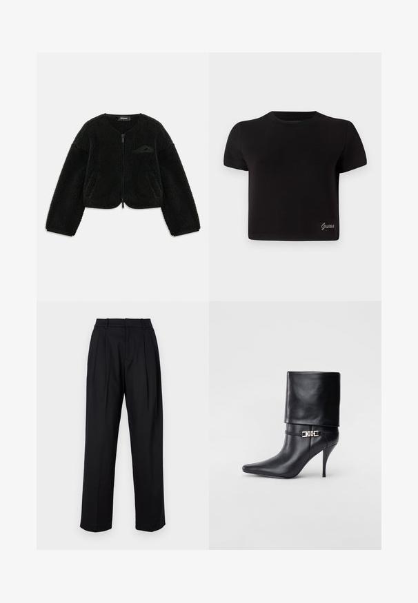 Sort zip-jakke lavet af tekstureret sherpa-stof, med rund hals, lange ærmer og en lille lomme på venstre bryst.; Sort kortermet T-shirt lavet af bomuld. Har en rund halsudskæring og et lille sølvfarvet "Guess" logo nederst til venstre.; Sorte bukser med skræddersyet design, der har høj talje, læg og lige ben. Fremstillet af glat stof i ensfarvet.; Sort læder ankelstøvle med spids tå, høj stiletto hæl, fold-over manchet og en guld dekoreret spænde detalje på anklen.