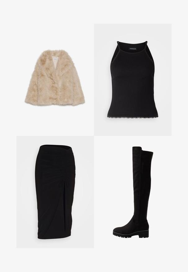 Vilturkka takki vaaleanbeigellä värillä, pehmeällä pinnalla, leveällä kauluksella ja avoimella etuosalla. Sisältää sileän vuoren.; Mustan ribbitoppi, jonka helman reunassa on aaltoileva pitsi. Ominaisuuksina ohuet hihnat ja tiukka malli. Valmistettu joustavasta kankaasta.; Musta, rypytetty kynähame, jossa on solmuseikkaus ja sivurako. Valmistettu joustavasta kankaasta, joka tarjoaa sileän pinnan ja vartaloon kiinnittyvän muodon.; Musta yli polven saappaat pehmeästä mokasta, jossa on litteä pohja, pyöristetty kärki ja elastiset sivupanelit helppoa pukemista varten.