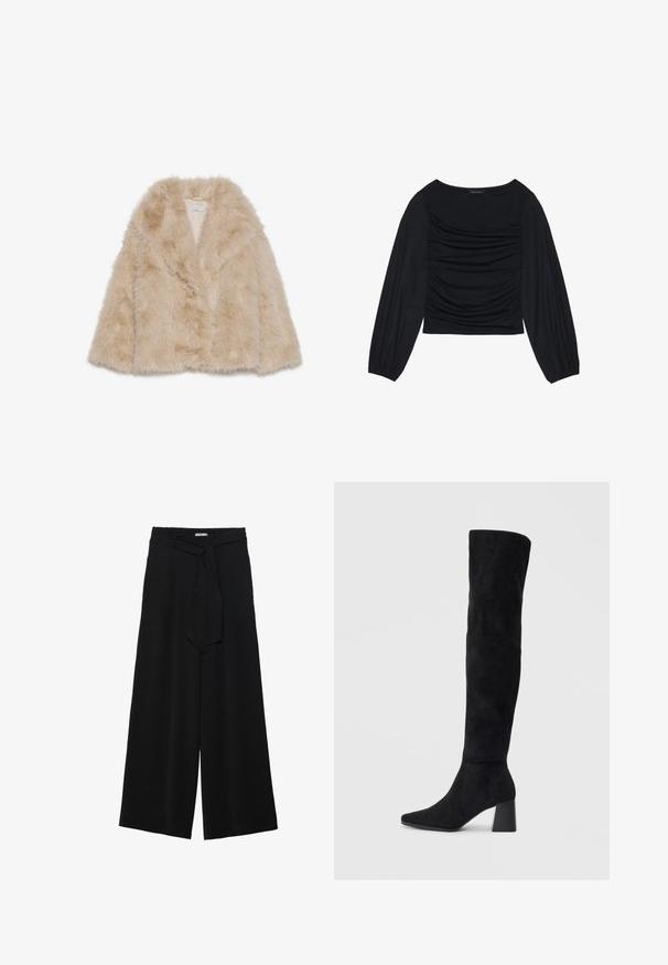 Faux fur coat in light beige with a soft texture, wide collar, and open front design. Features a smooth inner lining.; Black long-sleeve top featuring gathered fabric detail at the front and wrists, made of soft, stretchy material with a boat neckline.; Black wide-leg pants featuring a textured fabric, an elastic waistband, and a detachable sash tie at the waist for adjustable fit.; Black suede knee-high boot with block heel, pointed toe, and smooth, seamless design on a plain light background.