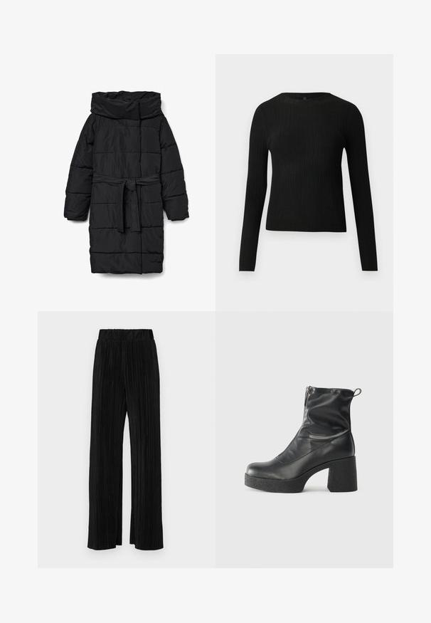 Casaco acolchoado preto, comprimento médio, com colarinho largo e cinto na cintura. Apresenta uma textura lisa e mate, com costuras anguladas.; Suéter preto de mangas compridas com textura canelada, justo ao corpo, com um decote redondo, exibido contra um fundo claro e liso.; Calças pregueadas pretas com uma cintura elástica. Apresentam pernas largas e um tecido liso, texturizado com riscas verticais.; Botas de tornozelo pretas feitas de couro liso, com fecho lateral, salto grosso texturizado e design de bico arredondado.