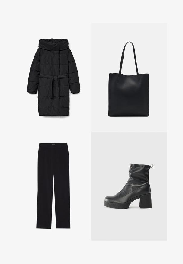 Juoda, siuvinėta vidutinio ilgio pūkinė striukė su plačiu apykakliu ir diržu juosmenyje. Turi lygų, matinį paviršių ir įstrižas siūles.; Juoda dryžuota ilga rankovė prigludusi megztinis su apvalia iškirpte, pateiktas prieš paprastą šviesią fono.; Juodi švelnūs štrichiniai džinsai su tiesiu kirpimu, plokščiu liemeniu ir be matomų kišenių, su glotnia tekstūra ir vertikaliu briaunavimu.; Juodos kulkšninių botai, pagaminti iš lygaus odos, su šoniniu užtrauktuku, masyviu tekstūruotu kulnu ir apvaliu pirštu.; Juodas odinis tote krepšys su lygia tekstūra, stačiakampio formos ir dviem ilgais rankenomis. Matomų metalinių detalių ar puošybos nėra.