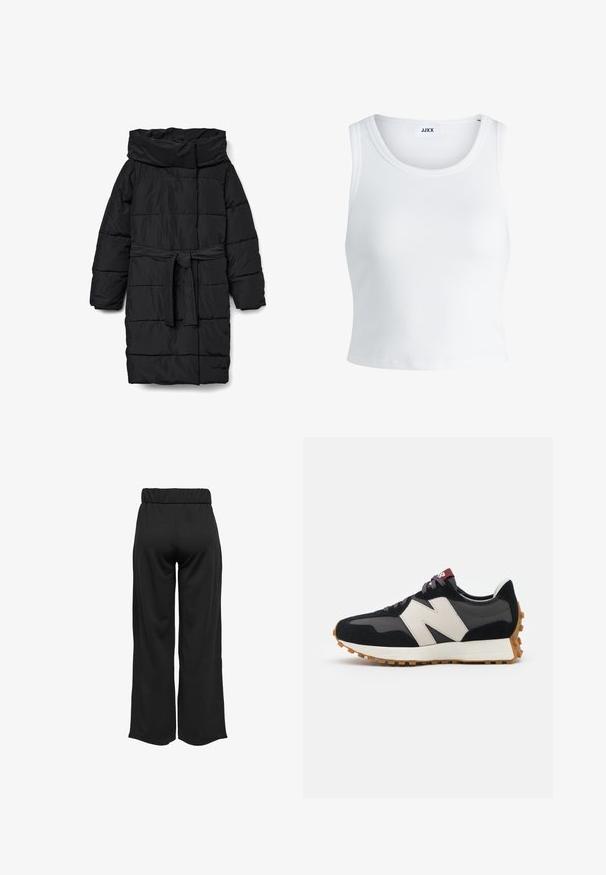 Crna, prošivena jakna srednje duljine s širokim ovratnikom i remenom u struku. Ima glatku, mat teksturu i kose šavove.; Bijela rebrasta majica bez rukava s okruglim izrezom i skraćenom dužinom. Na etiketi piše "JJXX." Glatka tekstura tkanine.; Crne hlače širokih nogavica s elastičnom waistbandom, izrađene od glatkog materijala. Imaju jednostavan dizajn bez džepova ili vidljivih šavova.; Crne i sive suede tenisice s velikim kremastim logom "N", ljubičastim pertlama i teksturiranim gumiranim potplatom.