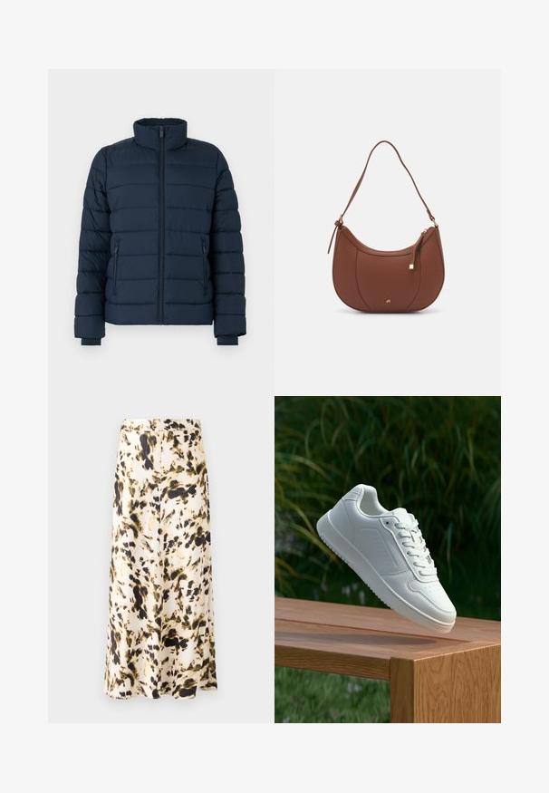 Merenvärinen puhvijakku, jossa on korkea kaulus, pystysuora ommel, etuvetoketju ja kaksi vetoketjullista sivutaskua. Sujuva pinta.; Valkoinen lyhythihainen paita, jossa on kietaisusuunnittelu, hienovarainen laskos helmassa ja sileä, pehmeä rakenne. Etiketissä lukee "ANNA FIELD."; Hame panjang lutut dari kain ringan dengan pola abstrak beige, cokelat, dan hijau. Memiliki pinggang yang pas dan desain yang mengalir.; Valkoiset tennarit, joissa on sileä synteettinen päällinen, rei'itetty varvasosa, litteät nauhat ja teksturoitu pohja, esillä puupinnalla.; Ruskea keinonahkainen olkalaukku, jossa on kaareva muoto, minimaalinen ompelu ja kultasävyinen varuste. Varustettu ylhäältä avautuvalla vetoketjullisella suljennalla ja säädettävällä hihnalla.