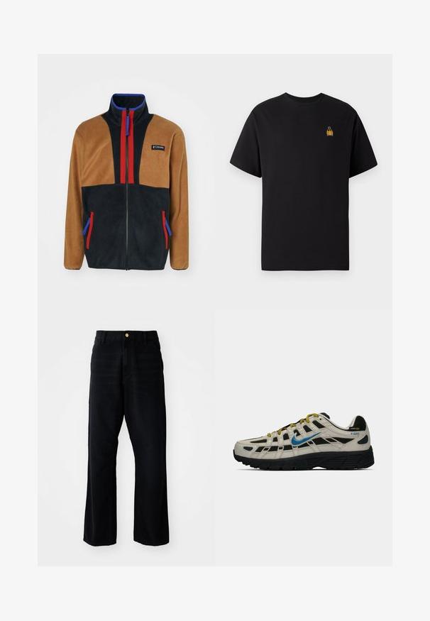 Hnedá a čierna fleecová bunda s červenými a modrými akcentmi, vysoký golier, plný zips a dve bočné vrecká s kontrastnými zipsami.; Čierne bavlnené tričko s krátkymi rukávmi, okrúhlym výstrihom a malým žltým vyšívaným motívom na ľavej strane hrude.; Čierne džínsy s voľným strihom, so zlatým gombíkom, päť vreckami a rovnými nohavicami. Hladký povrch.; Béžovo-čierne tenisky Nike P-6000 s modrým logom, žltými šnúrkami, čiernou podrážkou a visačkou z Cordura látky na päte.
