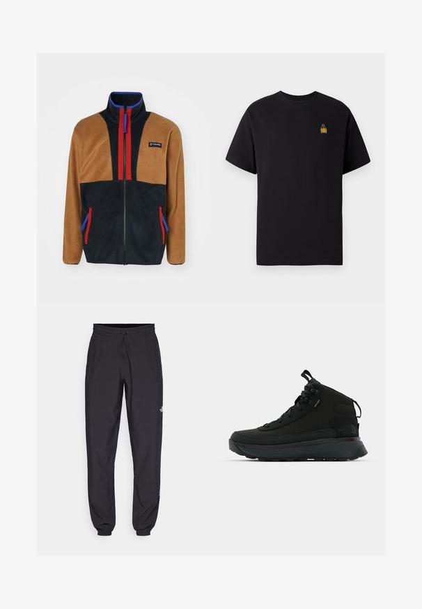 Brązowa i czarna kurtka polarowa z czerwonymi i niebieskimi akcentami, wysoki kołnierz, pełny zamek błyskawiczny oraz dwie boczne kieszenie z kontrastowymi suwakami.; Czarny bawełniany t-shirt z krótkimi rękawami, okrągłym dekoltem i małym żółtym haftowanym wzorem na lewej piersi.; Czarne spodenki sportowe wykonane z lekkiego materiału, z elastycznym pasem na sznurek, bocznymi kieszeniami i zwężanymi mankietami przy kostkach.; Czarne, średniej wysokości buty trekkingowe z teksturowanym wierzchem, wzmocnionym czubkiem, pewnym systemem sznurowania i amortyzowaną podeszwą zapewniającą przyczepność.