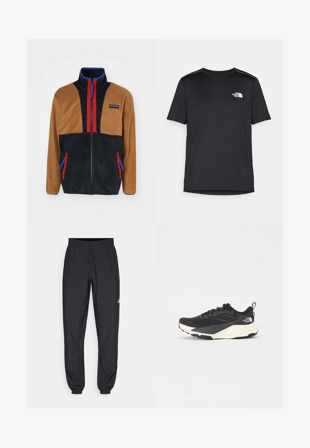 Hnedá a čierna fleecová bunda s červenými a modrými akcentmi, vysoký golier, plný zips a dve bočné vrecká s kontrastnými zipsami.; Čierne tričko s krátkym rukávom vyrobené z ľahkej tkaniny. Obsahuje malé biele logo na ľavej hrudi a jemné akcenty na pleciach.; Čierne športové nohavice vyrobené z ľahkej tkaniny, s elastickým pásom na šnurovanie, bočnými vreckami a zúženými manžetami na členkoch.; Čierna atletická obuv s textúrovaným sieťovinovým vrchom, pevným čiernym akcentom a bielou ľahkou podrážkou. Obsahuje šnurovací systém a pútko.