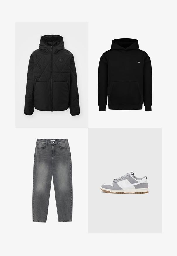 Zwarte gewatteerde jas met een capuchon, ritssluiting aan de voorkant en twee zijzakken. Bevat een subtiele logo op de borst. Glad, gestructureerd materiaal.; Zwarte hoodie van een katoenmix, met een kangoeroezak, geribde manchetten en een klein logo op de borst.; Hoge taille, losvallende jeans van vervaagd zwart denim. Beschikt over vijf zakken, riemlussen en een schone, rechte broekspijp ontwerp.; Grijze en witte sneaker met een bovenwerk van suede en leer, ronde neus, platte veters en een rubberen zool met een gumaccent.