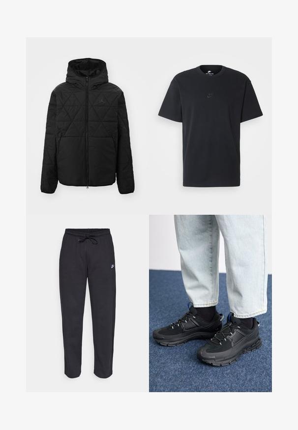 Jachetă neagră matlasată cu glugă, fermoar frontal și două buzunare laterale. Prezintă un logo subtil pe piept. Țesătură netedă, texturată.; Tricou din bumbac negru Nike, cu guler rotund clasic, mâneci scurte și un logo subtil embosat pe piept. Textură netedă.; Pantaloni de trening negri dintr-un material moale, cu talie elastică, șnur de ajustare și un mic logo Nike pe coapsa stângă.; Pantofi sport negri, cu țesătură texturată și tălpi din cauciuc, având șireturi elastice și un accent albastru pe toc. Purtați cu pantaloni din denim deschis.