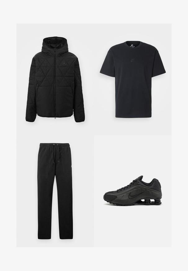 Black quilted jacket with a hood, front zipper, and two side pockets. Features a subtle logo on the chest. Smooth, textured fabric.; Nike black cotton t-shirt with a classic crew neck, short sleeves, and a subtle, embossed logo on the chest. Smooth texture.; Black sweatpants made of fleece, featuring an elastic waistband with drawstrings, two front pockets, and a small logo on the thigh.; Black running shoes featuring a smooth synthetic upper, perforated accents, textured side panels, and a distinct springy sole.