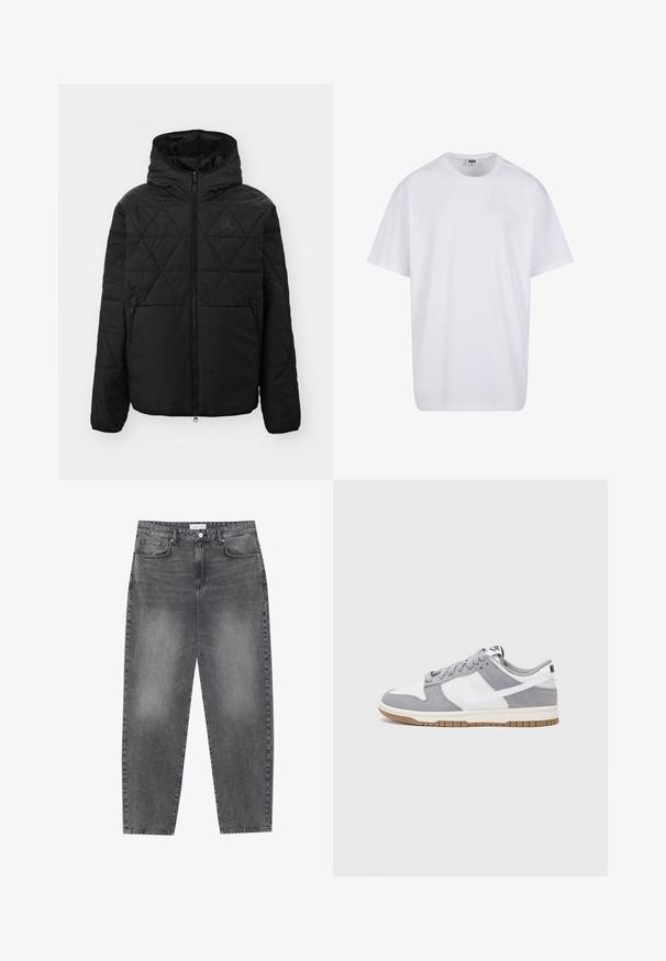 Schwarze gesteppte Jacke mit Kapuze, Reißverschluss vorne und zwei Seitentaschen. Mit einem dezenten Logo auf der Brust. Glattes, strukturiertes Material.; Weiße Baumwoll-T-Shirt mit kurzen Ärmeln, rundem Ausschnitt, lockerer Passform und ohne sichtbare Logos oder Muster. Glatte Textur und minimalistisches Design.; Hoch taillierte, locker sitzende Jeans aus verwaschenem schwarzem Denim. Verfügt über fünf Taschen, Gürtelschlaufen und ein sauberes, gerades Bein-Design.; Graue und weiße Sneaker mit einem Obermaterial aus Wildleder und Leder, abgerundeter Spitze, flachen Schnürsenkeln und einer Gummisohle mit einem Kautschukakzent.