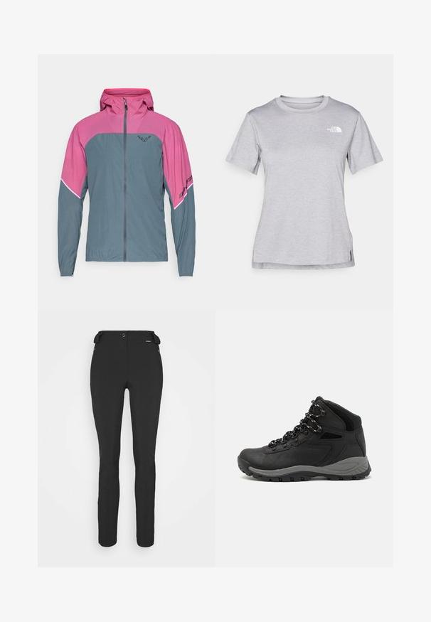 Lichte jas met een roze bovenkant en een grijze onderkant. Het heeft een ritssluiting aan de voorkant, een capuchon en een zwart merkimprint op de mouw. Ademend materiaal.; Grijze T-shirt met korte mouwen, gemaakt van zachte, vochtabsorberende stof. Heeft een ronde hals en een klein wit logo op de bovenste linkerzijde.; Zwarte, strakke broek gemaakt van een flexibel materiaal. Kenmerken zijn onder andere een ritszak aan de zijkant, gebogen knieën en een gladde textuur.; Zwarte wandelschoen met een mid-top ontwerp, voorzien van een gestructureerde bovenkant, grijze accenten en een duurzame rubberen zool met gripnoppen.
