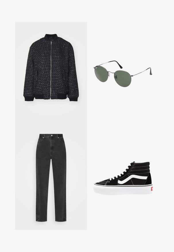 Juodas bomberis su tekstūriniu audiniu, sidabriniais siūlais, raštuotais rankogaliais ir apykakle, priekinis užtrauktukas.; Trijų ilgomis rankovėmis marškinėlių krūva: juodas, pilkas ir baltas. Kiekvienas turi apvalų iškirpimą ir trumpą dizainą, pagamintas iš lygaus, lengvo audinio.; Tiesios kojų juodos džinsinės kelnės su aukštu juosmeniu, priekyje esančia užtrauktuku ir mygtuku, bei penkių kišenių stiliumi ant balto fono.; Juodi aukšti sportbačiai su baltais raišteliais, baltu logotipu ir kontrastinga balta siuvinėta. Turi storą baltą padas ir tekstūruotą zomšos viršutinę dalį.; Metaliniai akiniai su ovaliais žaliais lęšiais. Plonas sidabro spalvos metalinis rėmas ir juodi ausų laikikliai. Minimalistinis dizainas, be matomų logotipų.