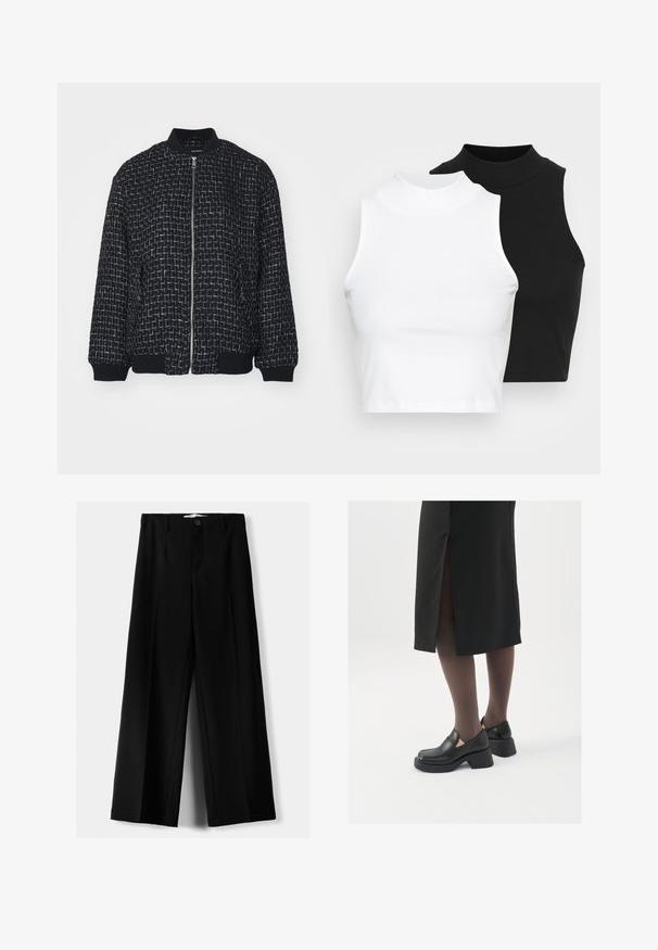 Crna bomber jakna s teksturiranim, tkanim uzorkom, srebrnim nitima, rebrastim manžetama i ovratnikom, prednje zatvaranje na zip.; Dvije bezrukavne rebraste majice s visokim ovratnikom u crnoj i bijeloj boji, s prilagođenim dizajnom i glatkom teksturom, te skraćenom dužinom.; Crne široke hlače izrađene od lagane tkanine, s prednjim zatvaranjem na dugme i ravnim prednjim dijelom, sa uredno šivenim rubovima.; Crne kožne cipele s zaobljenim vrhom, debelim blok petama i elastičnim bočnim detaljima, uparene s tamnim čarapama i crnom suknjom s prorezom.