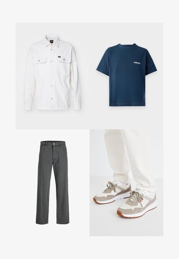 Jachetă din denim albă cu un sistem de închidere cu nasturi, două buzunare pe piept și mâneci lungi. Se remarcă prin accesorii din metal argintiu și un eticheta discretă a brandului.; Tricou din bumbac de culoare albastru marin, cu mâneci scurte și decolteu rotund. Prezentând un mic logo alb în zona stângă a pieptului. Textură moale.; Jeans largi, de culoare gri închis, din denim. Prezintă un închidere cu nasture și fermoar pe față, bucle pentru curea și un stil clasic cu cinci buzunare.; Adidași bej și gri dintr-un amestec de piele întoarsă și material textil. Prezintă o talpă intermediară albă și o talpă exterioară din cauciuc de tip gumă. Design standard cu șireturi.