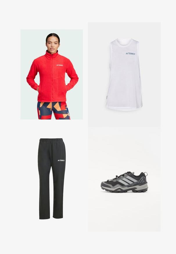 Giacca in pile rossa con colletto alto, zip frontale completa e logo sul petto. Presenta due tasche e una superficie morbida e strutturata.; Top atletico bianco senza maniche con scollatura rotonda e logo "TERREX" blu a contrasto, realizzato in materiale leggero e traspirante.; Pantaloni leggeri neri con elastico in vita. Presentano un discreto logo "TERREX" in bianco. Tessuto morbido e design a gamba dritta.; Scarpa da trekking nera e grigia con superficie texturizzata, suola in gomma e tre strisce grigie prominenti sul lato; presenta un sistema di allacciatura rapida.