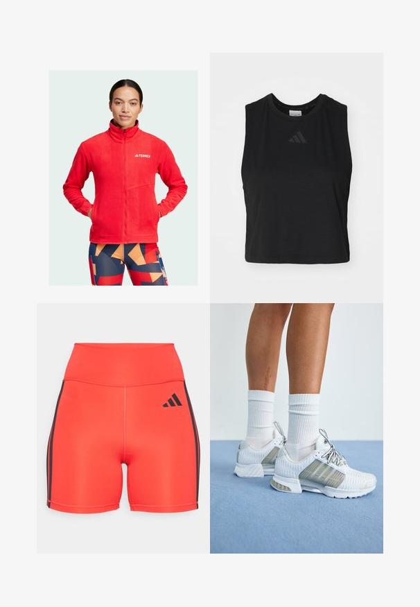 Rode fleece jas met hoge kraag, volledige rits aan de voorkant en logo op de borst. Beschikt over twee zakken en een zachte, textuurachtige oppervlakte.; Zwarte geknipte mouwloze top van zachte stof, met een ronde halslijn en een subtiele reliëflogo op de borst.; Heldere rode sportshorts met een hoge taille, voorzien van zwarte zijstrepen en een Adidas-logo. Gemaakt van rekbare stof voor comfort.; Witte sportieve schoenen met een bovenwerk van mesh, getextureerde details en grijze accenten. De veters zijn zilver en worden gecombineerd met witte geribde sokken.