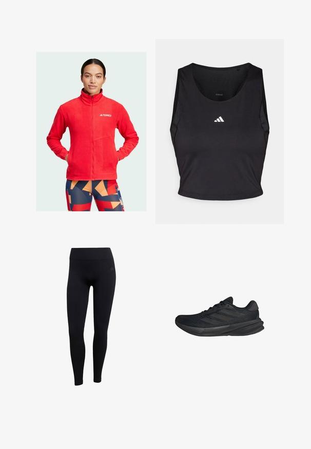Red fleece jacket with high collar, full front zipper, and logo on chest. Features two pockets and a soft, textured surface.; Black sports crop top made from moisture-wicking fabric, featuring a round neck, sleeveless design, and white logo on the chest.; Black athletic leggings made of stretchy fabric, featuring a high waistband, fitted design, and ribbed ankle cuffs. Subtle brand logo.; Black athletic shoes with a mesh upper, streamlined shape, flat sole, and three diagonal stripes on the side. Lightweight design for comfort.