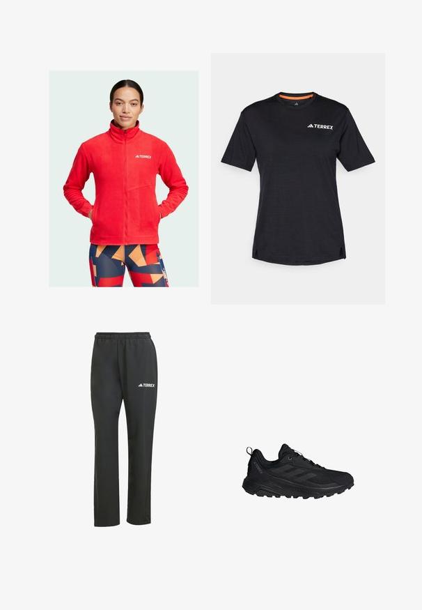 Giacca in pile rossa con colletto alto, zip frontale completa e logo sul petto. Presenta due tasche e una superficie morbida e strutturata.; T-shirt nero a maniche corte con scollo rotondo, caratterizzato da una leggera texture mélange e dal logo bianco "TERREX" sul lato superiore sinistro.; Pantaloni leggeri neri con elastico in vita. Presentano un discreto logo "TERREX" in bianco. Tessuto morbido e design a gamba dritta.; Scarpe da ginnastica nere con tomaia in rete, suola robusta, lacci e un anello sul tallone per facilitare l'indossamento. Il lato presenta un motivo con tre strisce diagonali.