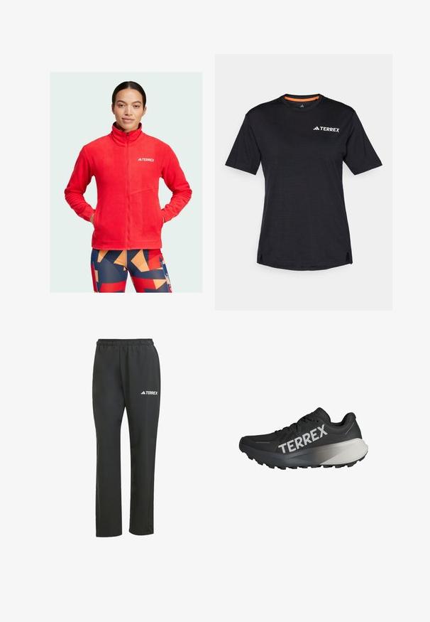 Rote Fleecejacke mit hohem Kragen, vollständigem Frontreißverschluss und Logo auf der Brust. Verfügt über zwei Taschen und eine weiche, strukturierte Oberfläche.; Schwarzes Kurzarm-T-Shirt mit Rundhalsausschnitt, das eine dezente melierte Textur aufweist und ein weißes "TERREX"-Logo auf der oberen linken Seite hat.; Schwarze, leichte Hose mit einem elastischen Bund. Besitzt ein dezentes, weißes "TERREX"-Logo. Hergestellt aus glattem Material mit geradem Bein.; Schwarzer Laufschuh mit strukturiertem Obermaterial, auffälligem weißen "TERREX"-Logo, konischer Sohlenform und einem Farbverlauf in Grau an der Ferse.