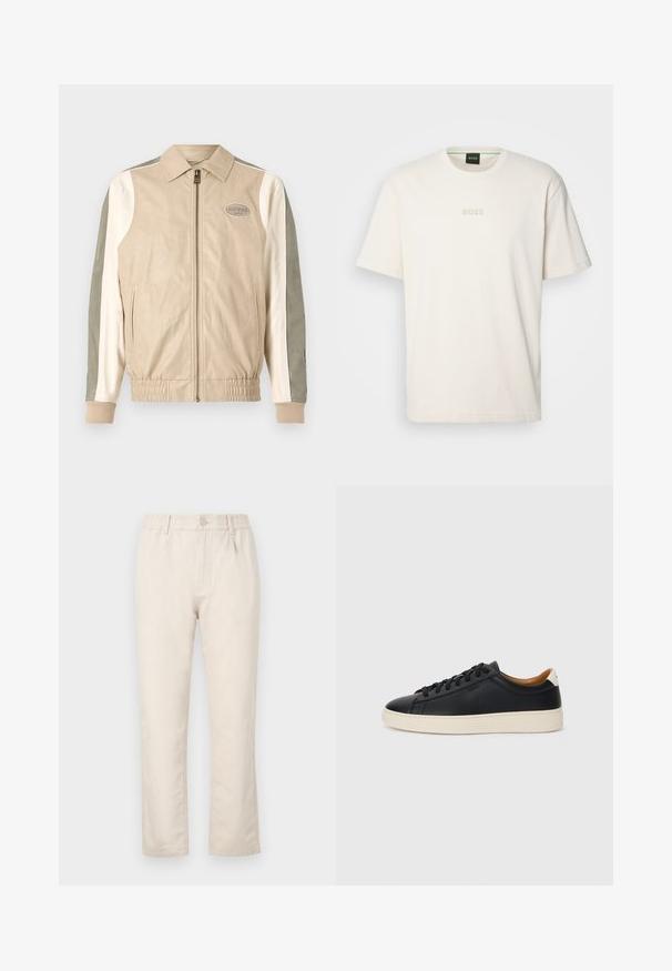 Beeži nahk bomber-jakk roheliste ja valgete paneelide aktsentidega, tõmblukuga, soonikkoes mansettide ja GUESS logo pildiga rinnal.; BOSS TEE - Lihtne T-särk - open white; Beežist puuvillasegu püksid, millel on elastne vöökoht, nööpkinne, sirge lõige ja peen tekstuur ilma nähtavate mustriteta.; Mustad nahast tennised sujuva pindadega, beež kummist tallaga, paelaga kinnitamine ja kontrastse kanna aktsendiga.