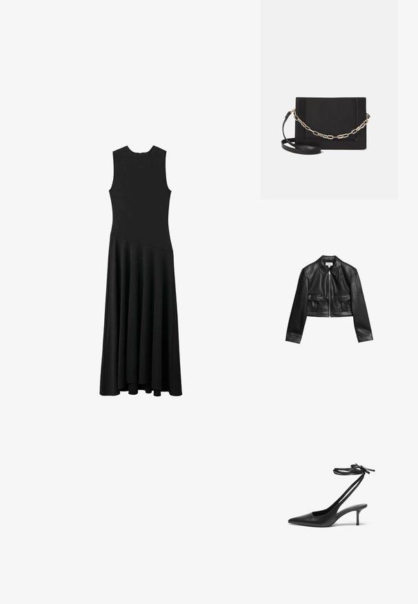 Taillierte schwarze Lederjacke mit Reißverschluss vorne, klassischem Kragen und zwei vorderen Taschen mit gefälteltem Design. Glatte Oberfläche.; Schwarzes ärmelloses Maxikleid mit enger Passform im Oberteil und schwingendem Rock, ausgestattet mit einer glatten Textur und minimalistischem Design, ohne sichtbare Verschlüsse.; Schwarzer Leder-Stiletto mit spitzem Zehenbereich, offenem Fersenbereich und mit einer Schleife gebundenen Knöchelriemen. Schlanker 3-Zoll-Absatz. Glatte Textur, minimalistisches Design.; Schwarze Leder-Crossbody-Tasche mit glatter Textur, rechteckiger Form und metallic-kettendetail auf der Vorderseite. Verstellbarer Gurt inklusive.