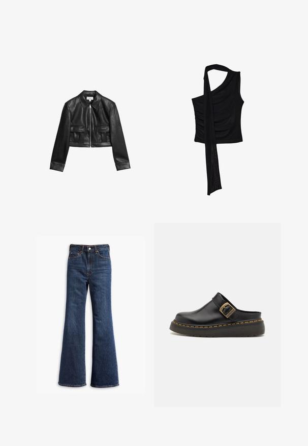 Przycięta czarna skórzana kurtka z zamkiem z przodu, klasycznym kołnierzem i dwoma kieszeniami z przodu z plisowanym wzorem. Gładka struktura na całej powierzchni.; Czarny bezrękawnik z pojedynczym ramiączkiem, z płynącym, drapowanym akcentem i marszczoną teksturą po boku. Wykonany z miękkiego materiału.; Jeansy z wysokim stanem w ciemnoniebieskim kolorze, z rozszerzanymi nogawkami, zapinane na guzik i zamek, z pięcioma kieszeniami.; Czarne skórzane klompy mules z szerokim paskiem i mosiężnym zapięciem. Charakteryzują się teksturowaną gumową podeszwą z żółtymi przeszyciami.