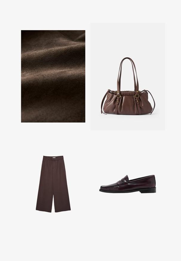 Braunes Wildleder mit einer weichen Textur, das sanfte Falten und eine reichhaltige, einheitliche Farbe aufweist, geeignet für verschiedene textile Anwendungen.; Strickpullover in einem gedämpften Olivton, mit einem runden Ausschnitt, überschnittenen Schultern und gerippten Bündchen sowie Saum für zusätzliche Textur.; Langärmliges Hemd in zartem Rosa mit vertikalen weißen Streifen. Mit spitzem Kragen, Frontknöpfen und abgerundetem Saum. Weicher Stoff.; Braune, weite Hosen aus weichem Material, mit Falten an der Taille und seitlichen Taschen. Maßgeschneiderte Silhouette mit bequemem Sitz.; Dunkelbraune Herrenleder-Pennyloafers mit schwarzer Sohle und Steppdetails entlang der Spitze, im Seitenprofil gezeigt.; Braune Lederhandtasche mit zwei langen Griffen, gerafftem Design, goldfarbene Hardware-Details und einer strukturierten Oberfläche.