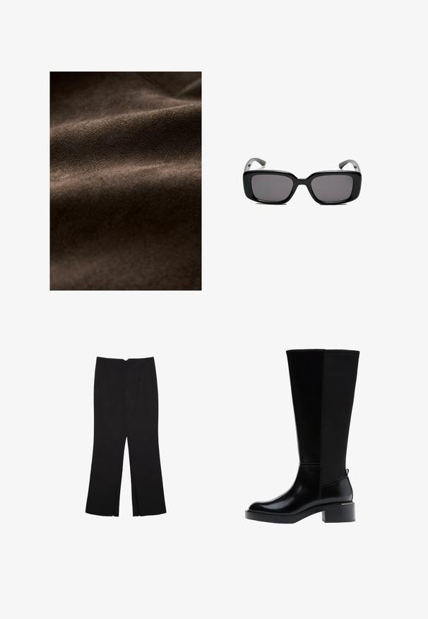 Brown suede fabric with a soft texture, featuring gentle folds and a rich, uniform color, suitable for various textile applications.; Plain short-sleeve black cotton T-shirt with crew neck, displayed on a white background.; Black trousers with a straight fit, featuring front pockets and side slits at the hem. Made of soft, smooth fabric. Suitable for various occasions.; Black knee-high boot with a smooth leather finish, prominent stitching, a chunky heel, and a textured back panel for added interest.; Black rectangular sunglasses with dark lenses, smooth plastic frame, and curved temples. The design is chunky with a minimalist aesthetic.