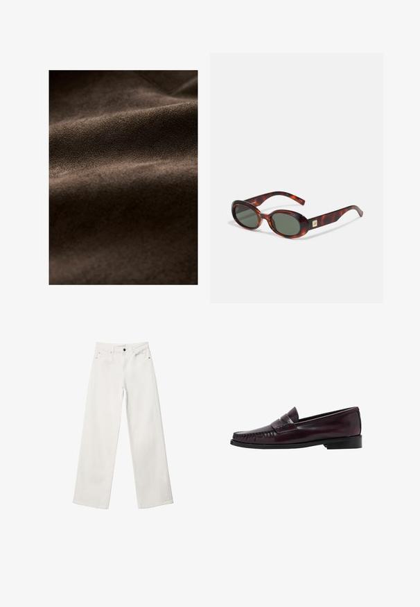 Brun ruskind med en blød tekstur, der har bløde folder og en rig, ensartet farve, velegnet til forskellige tekstilapplikationer.; AllSaints LISA - T-shirts basic - white; Hvide bukser med vidde lavet af denim, med høj talje, fem lomme-design og metalknaplukning. Glat tekstur, ingen mønstre.; Mænds mørkebrune læder penny loafers med sort sål og syning langs tåen, vist i sideprofil.; Skildpaddemønstrede solbriller med mørke linser, oval form og brede stænger. Har en lille gylden detalje på siden. Glat plastmateriale.; Vævet stofhåndtaske i olivengrøn med en rummelig, rund form og et enkelt, forlænget håndtag til bæring. Struktureret overflade.