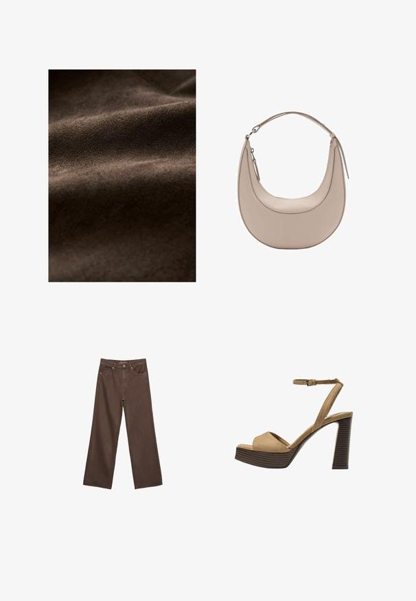 Rjava nubuk tkanina z mehkobo, ki vključuje nežne gube in bogato, enakomerno barvo, primerna za različne tekstilne aplikacije.; Rjava kratka majica s kratkimi rokavi iz mehkega materiala, s krožnim izrezom in ohlapnim krojem. Brez vidnih vzorcev ali dodatkov.; Široke rjave kavbojke iz denima, ki imajo visok pas, sprednje žepe in klasično zapiranje na gumb. Gladka tekstura s subtilnim šivom.; Bež semiš sandali na visoki peti z širokim sprednjim trakom in trakom okoli gležnja, opremljeni z debelim lesenim blokom peto z teksturirano površino.; Bež usnjena torba za rame v obliki kružnice, z gladko teksturo in eno ukrivljeno zanko. Ima zadrgo in urejen šiv.