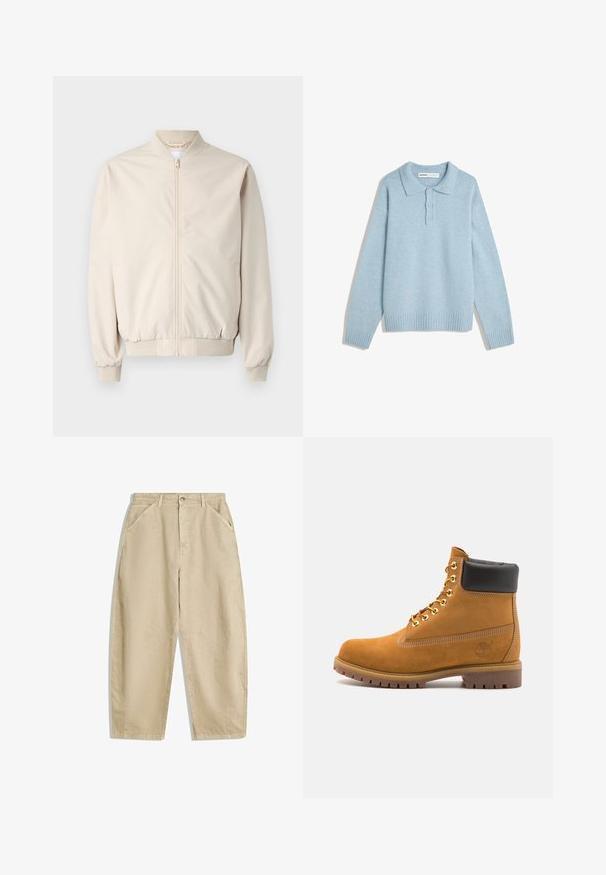 Beige bomber jacket with a front zipper, ribbed collar and cuffs, smooth fabric, and side pockets. Simple design with a relaxed fit.; Light blue knitted sweater with a collared neckline, three button closure, and ribbed cuffs and hem. Soft texture and relaxed fit.; Wide-leg beige cotton pants with a high waist, featuring front pockets and a front button closure. Smooth texture with clean seams.; Tan suede ankle boot with black padded collar, gold metal eyelets, white stitching detailing, and rugged rubber sole with pronounced treads.