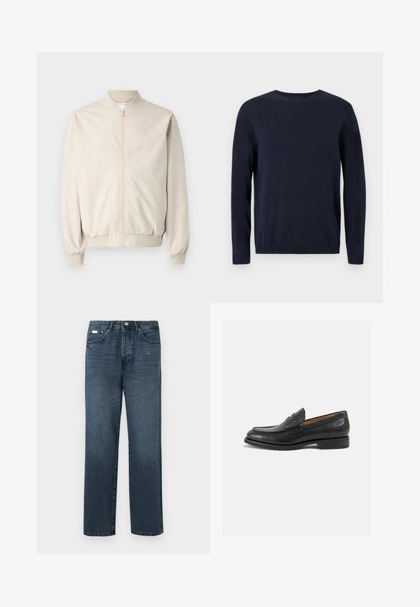 Beige bomber jacket with a front zipper, ribbed collar and cuffs, smooth fabric, and side pockets. Simple design with a relaxed fit.; Navy blue knitted sweater with long sleeves, crew neckline, and ribbed cuffs and hem. Features a small logo on the chest.; Dark blue denim jeans with a straight fit, five pockets, belt loops, and a zipper fly. Smooth texture with subtle fading details.; Black leather loafers with a smooth finish, rounded toe, and decorative stitching on the vamp. Low stacked heel and slight shine.