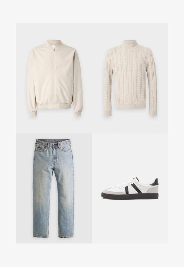 Beige bomber jacket with a front zipper, ribbed collar and cuffs, smooth fabric, and side pockets. Simple design with a relaxed fit.; Beige, knitted sweater with a high, ribbed turtleneck. Features a textured cable pattern and ribbed cuffs and hem, offering a cozy appearance.; Light blue denim jeans with high waist, front button, zipper, and five-pocket design, laid flat on a neutral background.; White sneaker with black and gray accents, featuring a textured gray toe cap, black rubber sole, and flat white laces. Clean design, minimalist style.