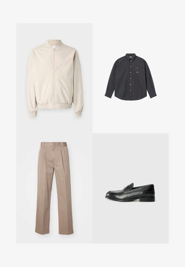 Beige bomberjakke med frontlynlås, ribbestrikket krave og manchetter, glat stof og sidelommer. Simpelt design med en afslappet pasform.; Mørkeblå langærmet skjorte med tynde lodrette striber i lyseblå og orange, knapkrave, enkelt brystlomme og broderet logo.; Beige, høj talje bukser med bred ben-design. Har to forreste plisseringer og en glat tekstur. Standard længde med en ren finish.; Sorte læder loafers med en glat overflade, syede detaljer over vamps og en let hævet hæl.